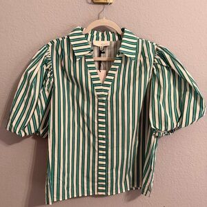 Avara Pinch Charlie Top Green Stripe Puff Sleeve Blouse XL NWT